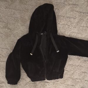 Zara Black Hooded Faux Fur Jacket